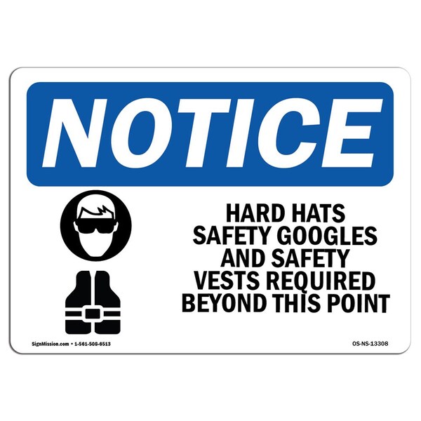 Signmission OSHA Sign, Hard Hats Goggles And With Symbol, 10in X 7in Rigid Plastic, 10" W, 7" H, Landscape OS-NS-P-710-L-13308 - main